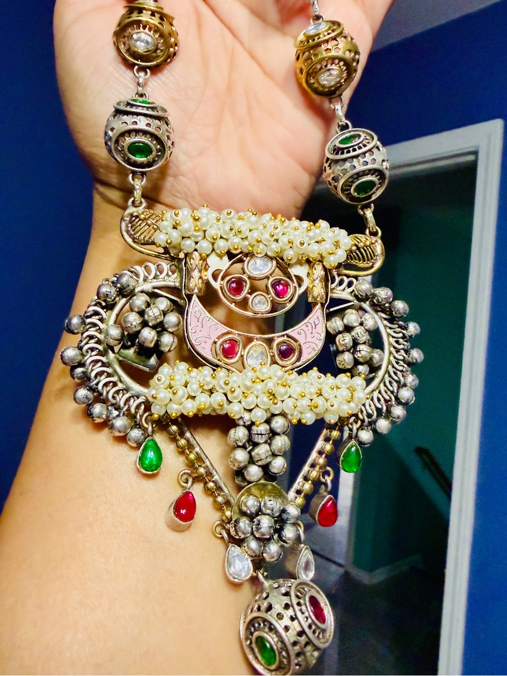 Handcrafted Multi-Color Pearl & Stone Statement Necklace (Golden , Silver combo)